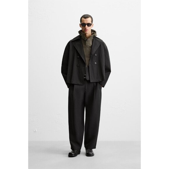 Zara Mens Black Cropped Trench Coat M Double Breasted Long Sleeve 8281/101 NWT - Picture 1 of 13